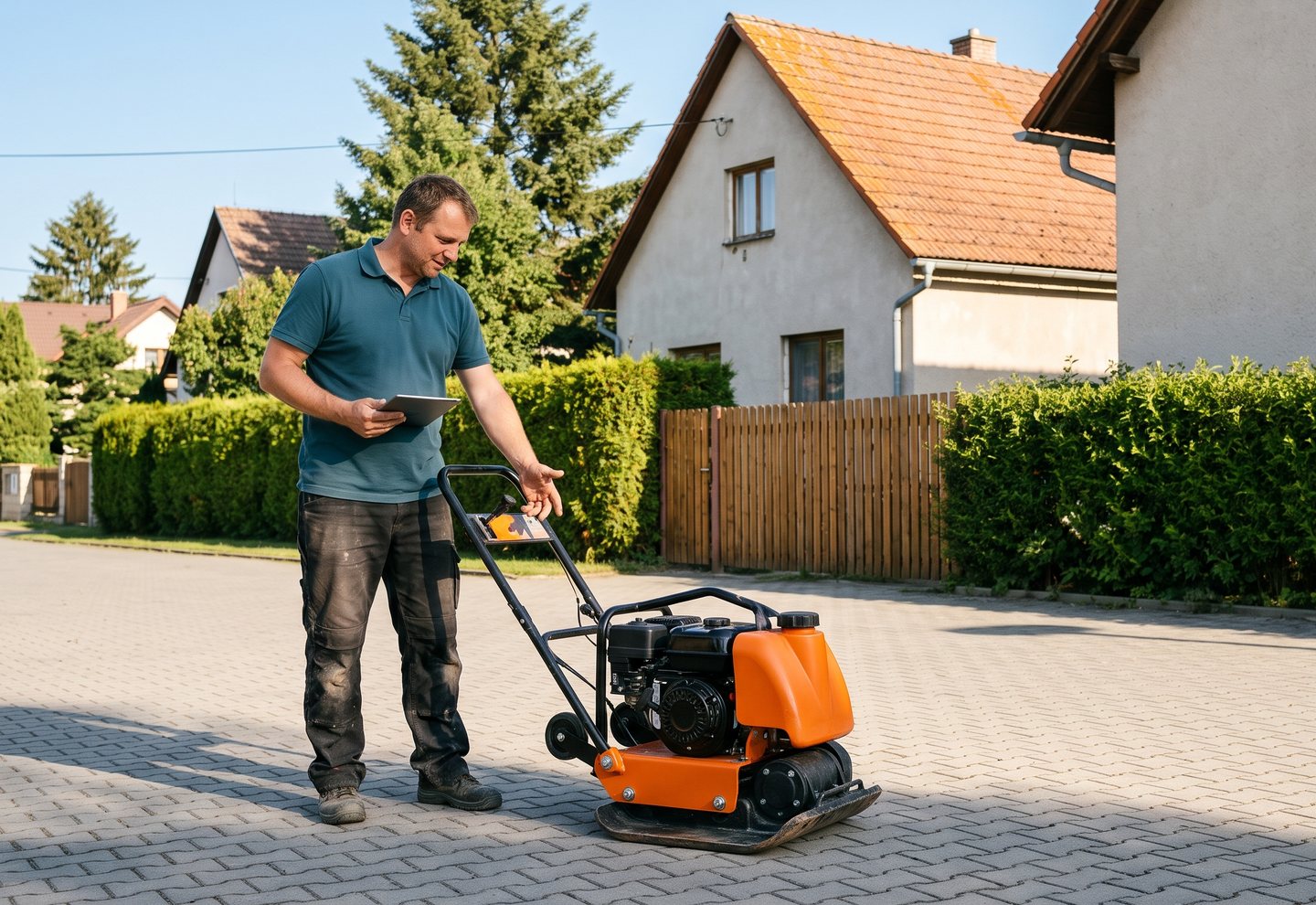 Pracovník půjčovny vysvětluje vibrační desku před výdejem