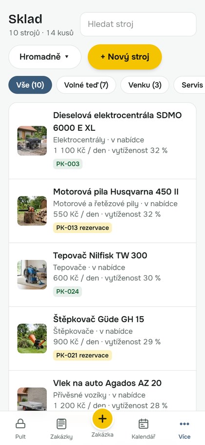 Sehnáno v telefonu – sklad půjčovny se stroji
